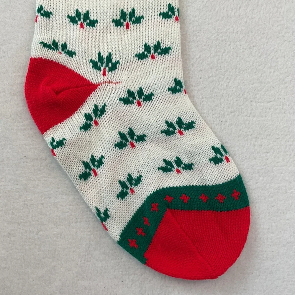 Christmas‎ Stocking Knitted Knit White Candy Canes Holly Leaves Merry Taiwan